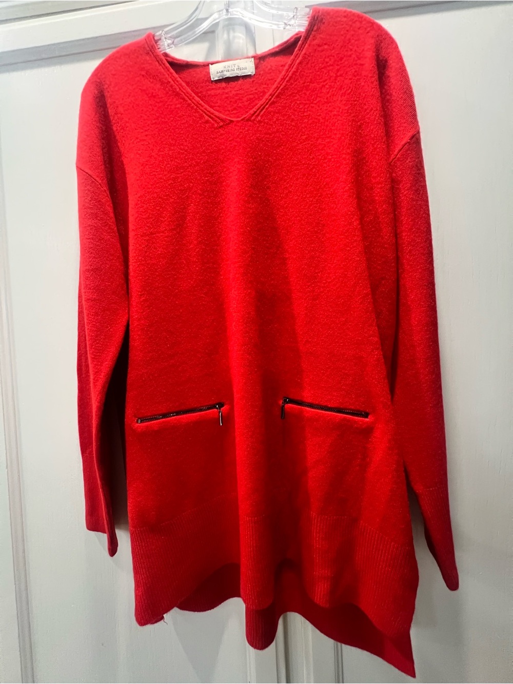 Women's Red V-Neck Sweater with Front Zip Pockets Soft Knit. Size L